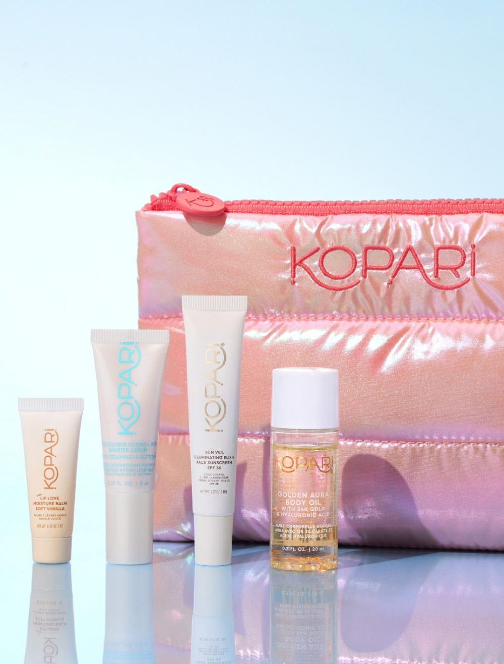 Kopari Mini Set With Pink Pouch: Sun Veil, Aura Oil GOLD, Hydro Serum, Lip Balm